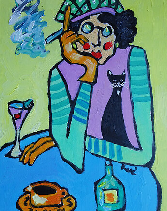 Obraz  fowizm dama babcia z kielichem na dzień babci, alice oil on canvas