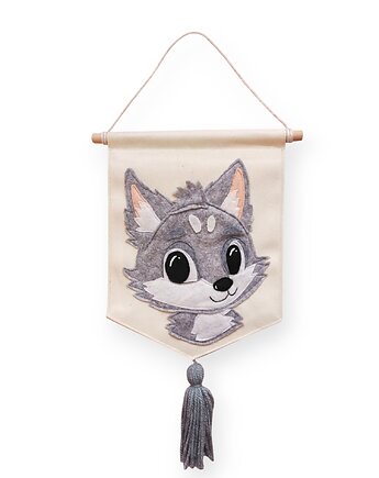 Flaga handmade z wilczkiem, leśna dekoracja dla pokoju dziecka, By Mamusia