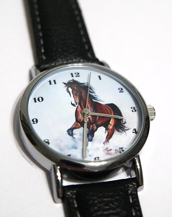 Zegarek - Koń brązowy, cyfry - czarny, skóra ekologiczna, yenoo