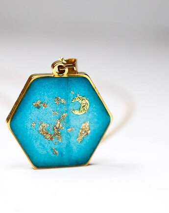 Duży naszyjnik heksagon morski blask samorodek złota, Lovely Jewellery