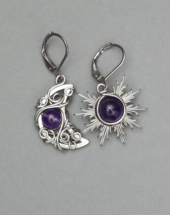 Asymetryczne kolczyki księżyc i słońce ametyst wire wrapping, Agata Rozanska