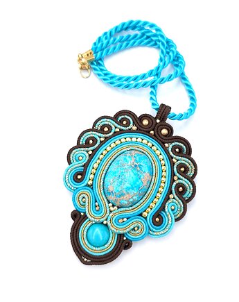Wisiorek sutasz naszyjnik turkusowo brązowy handmade z jaspisem Azuro, Katrina Rossa