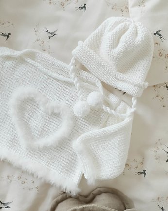 Bawełniany komplet niemowlęcy do chrztu- sweterek i czapka, OSOBY - Prezent dla noworodka