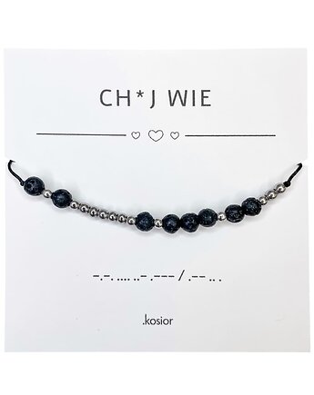 Bransoletka z alfabetem Morse Hematyt i Lawa wulkaniczna, karolina kosior