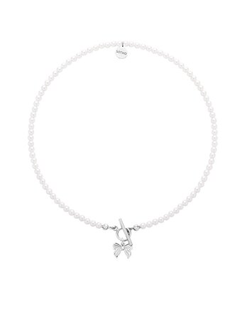 Srebrny naszyjnik z białych pereł SWAROVSKI CRYSTAL z kokardką, SOTHO