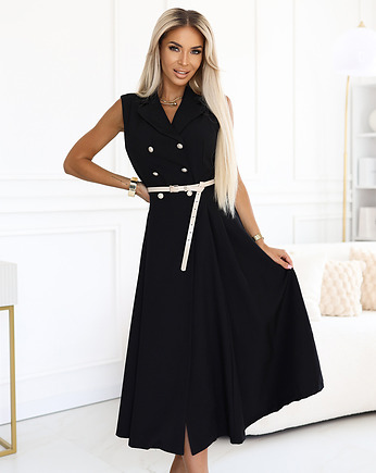 596-3 Elegancka szmizjerka midi ze złotymi guzikami i paskiem - CZARNA, NUMOCO