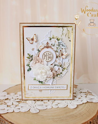 Kartka komunijna pamiątka pierwszej komunii świętej "Holy&Beige" GOTOWA, Lulaczkowo