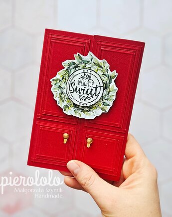 Kartka bożonarodzeniowa w kształcie czerwonych drzwi, papierololo
