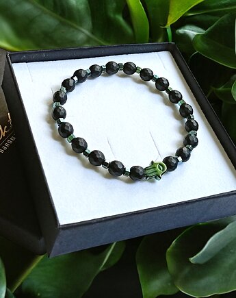 HAMSA - ochrona - fasetowany onyks mat, hematyt emerald, kaktusia