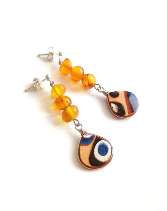 Kolczyki ceramiczne bułgarskie 3 bursztyny, biżuteria z talerzy