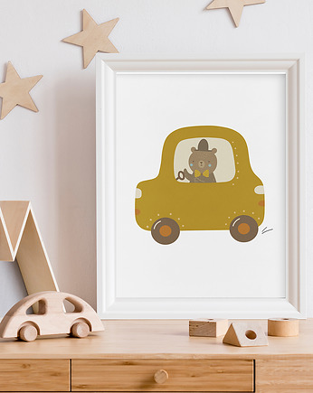 Miś w samochodzie - plakat do pokoju dziecka, Nostalgia Prints