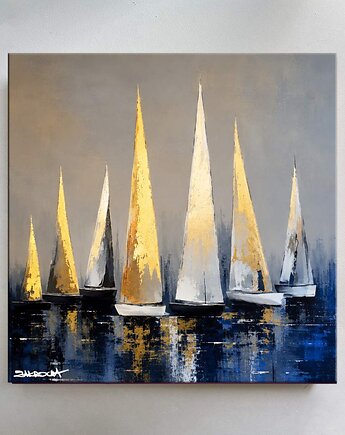 SZCZĘŚLIWE JACHTY - unikat obraz ręcznie malowany akryl 120x120cm, art and texture