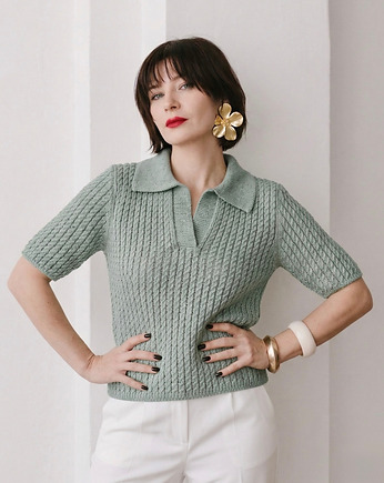 Bawełniany sweter Polo ze splotem warkoczowym, szałwia, BIENKOVSKA