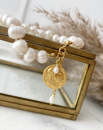 Pozłacana bransoletka - Perły i złota moneta, Marisella