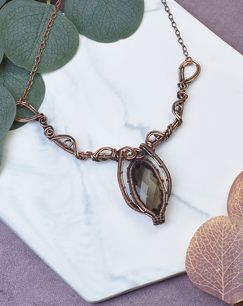 Miedziany naszyjnik wire wrapping z kwarcem dymnym #499, Spirit Of Copper