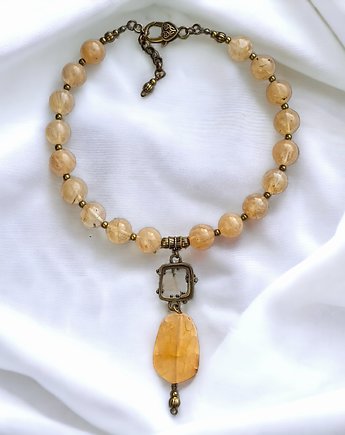 UNIKATOWY naszyjnik : agat, kwarc kawowy : stare złoto, kaktusia