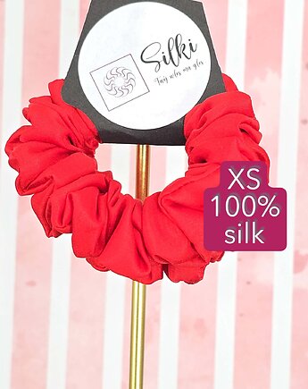 XS mini mała gumka dla dzieci do włosów jedwab naturalny scrunchie czerwona, Silki
