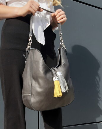 Grafitowa skórzana torba z frędzlami, Łagoda