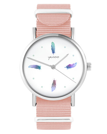 Zegarek - Turkusowe piórka - brzoskwiniowy róż, yenoo