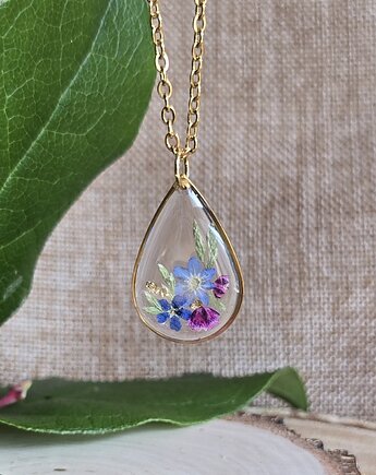 Złoty wisiorek prawdziwe kwiaty niezapominajki zawieszka, zkwiatem