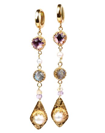 Złote kolczyki wiszące Vintage z kamieniami szlachetnymi, Blooming Stones