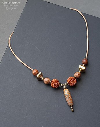 Agat DZI i rudraksha w niezwykłym etnicznym naszyjniku unikat handmade UNISEX, Galeria Limart