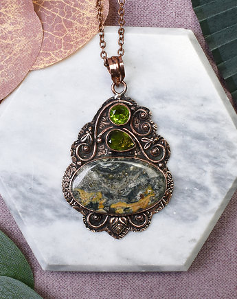 Miedziany wisiorek wire wrapping z jaspisem i peridotem #481, Metal Earth Jewelry