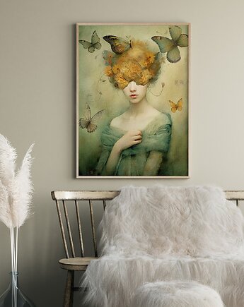 Plakat - Kobieta, Motyle i Kwiaty, raspberryEM