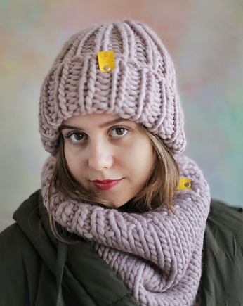 WOOLY Komplet wełniana czapka i komin pudrowy róż, sploteka