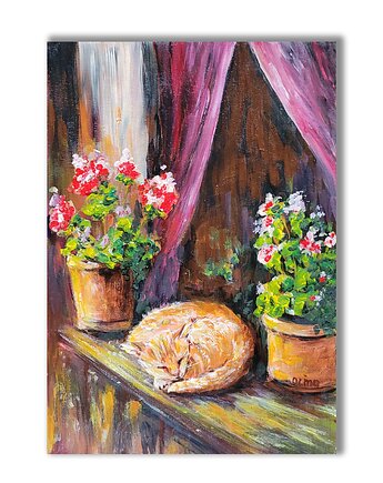 Kotek i pelargonia. Obraz ręcznie malowany., Galeria Alma