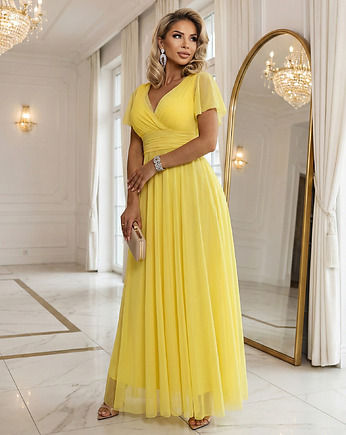 562-8 NASTIA Długa sukienka z dekoltem i krótkim rękawkiem - żółta, NUMOCO