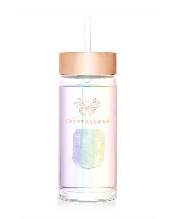 Szklana butelka na wodę z kryształem górskim i słomką 400ml - hol, CRYSTALLOVE