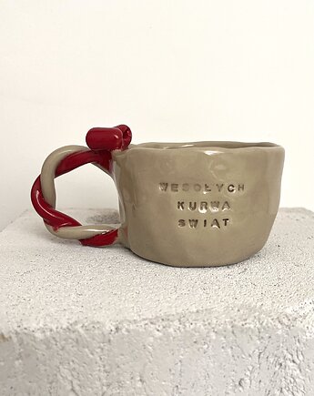 Kubek świąteczny wstążki z brzydkim napisem 250ml, rel ceramic