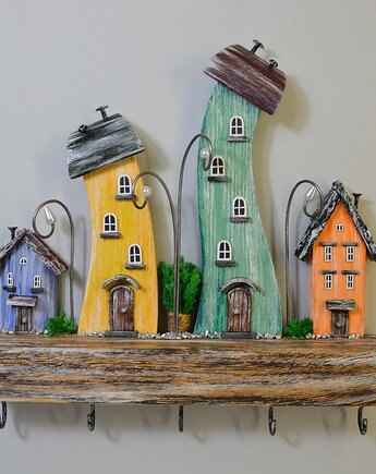 Kolorowy drewniany wieszak na klucze z domkami , Creative Craft Family R