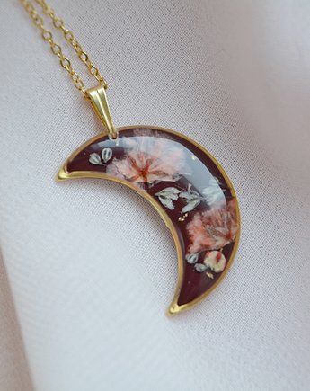 Kwiaty w żywicy biżuteria księżyc gipsówka, Jaskółcze ziele handmade 