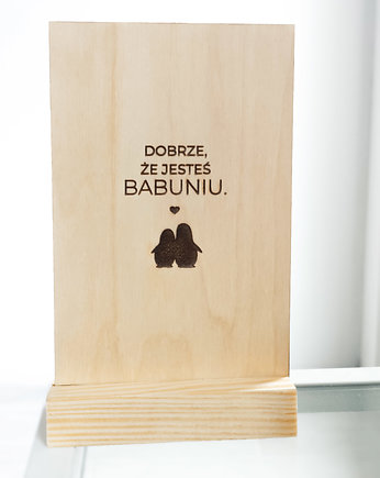 Drewniana kartka - pingwinki - Dzień Babci, Winietka dekoruje