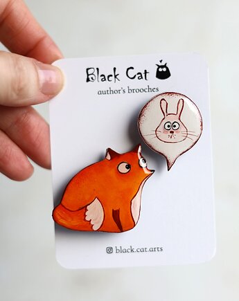Komplet broszek Pulchna lisiczka + zajączek. Ręcznie malowane, Black Cat