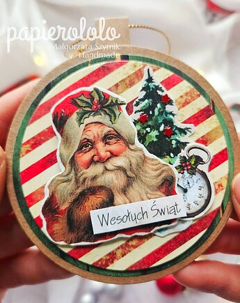 Kartka koło zawieszka bombka z Mikołajem, papierololo