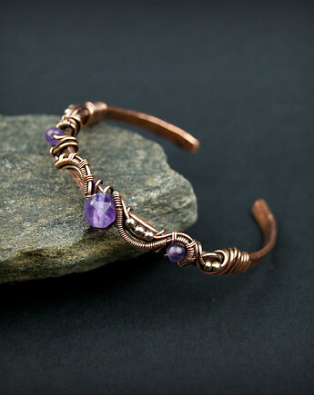 Miedziana bransoleta mankietowa z ametystem, Blue Pearl Art
