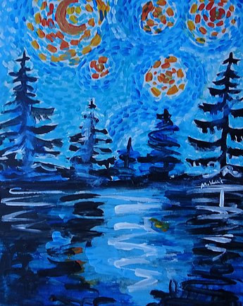 Kolorowy obraz  ręcznie malowany pejzaż nocą, alice oil on canvas