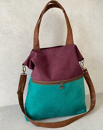 Duża torba z zapinaną kieszenią - oberżyna, zieleń, koniak, PRACOWNIA 166