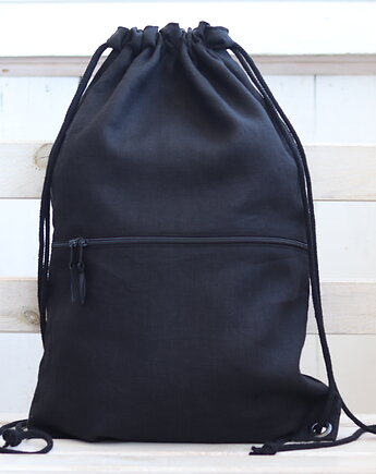 Plecak worek z czarnego lnu, czarny elegancki workoplecak, BalticBags