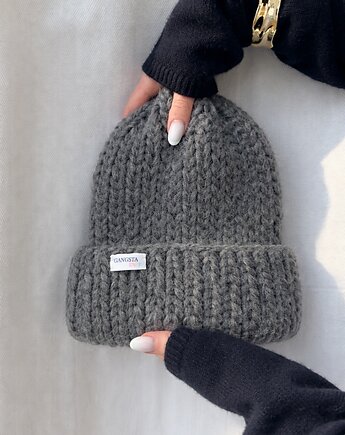 Wełniana czapka z dodatkiem alpaki 100% wełna kolor szary, GANGSTA KNIT