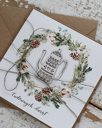 Kartka świąteczna ręcznie robiona na Boże Narodzenie imbryk, sorte