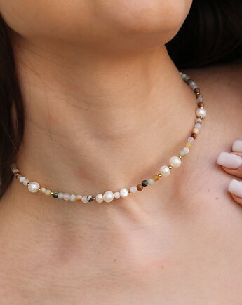 Choker/ naszyjnik z amazonitów i pereł naturalnych- srebro 925 pozłacane, Coccola JEWELLERY