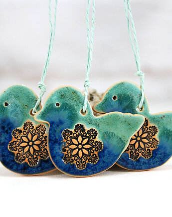 Turkusowe sikorki - wiszące ozdoby ceramiczne, 10FingersArt