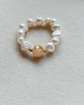 Pierścionek elastyczny Perły Naturalne i Cytryn, Chmolowska Jewellery