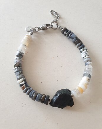 Bransoletka RAW opal dendrytowy, czarny turmalin, modesign