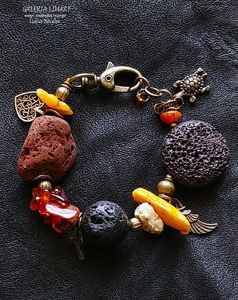 Ekskluzywna bransoletka z mixu bursztynu i lawy elegancka handmade PREZENT lux, Galeria Limart
