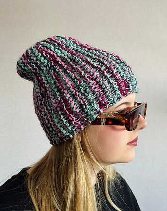 Kolorowa mała czapka beanie z wełną i alpaką, Zasznurowane